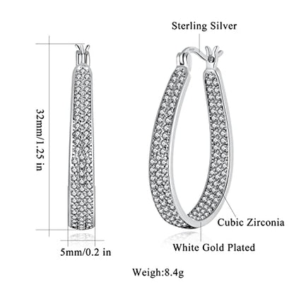 925 Sterling Silver Post Hoop Earrings for Women Gilrs Multcolors Cubic Zircon Hoops 14K Gold Plated Oval Chunky Hoop Earrings Jewelry Gift for Mothers Day/July 4th/Wedding/Party/Christmas - color: White