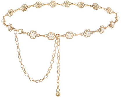 Women's Waist Chain Flower Metal Belt for Dresses Jeans | Adjustable Belly Waist Chain - color: Pearl Flower Gold, size: S: 105cm/41in