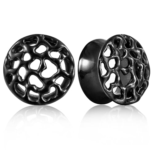 LADEMAYH 2PCS Hammered Ear Plugs Gauges for Ears, Punk Textured Tunnels | Industrial Style, Double Flared Expander, 316L Surgical Stainless Steel, Hypoallergenic, Saddle Fit, Ear Stretching Jewelry - color: #6677 Black, size: 5/8"(16mm)