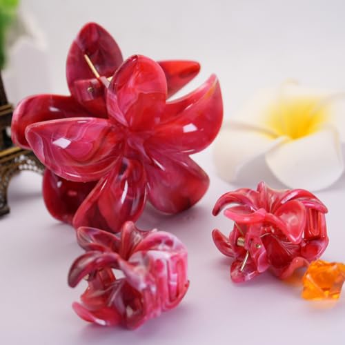 Flower Hair Clips for Women Girls Cute Claw Clips Set Wine-Red Plumeria with Marble Design Barrettes Summer Hair Clip Fashion Hair Styling Accessories for Thick Thin Hair(3Pcs:1Large 2Small) - color: Wine-Red