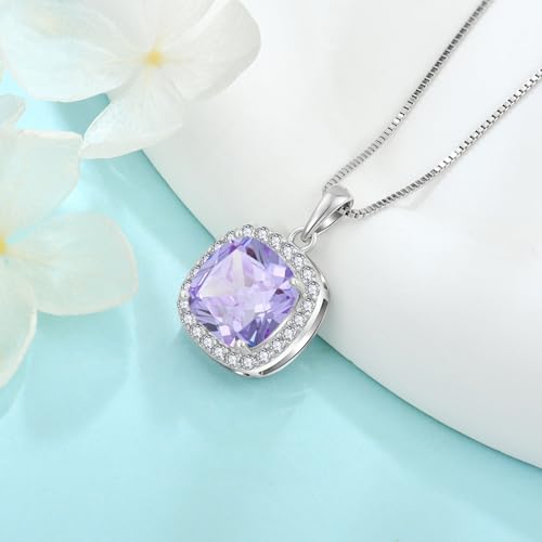 Birthstone Necklace for Women 925 Sterling Silver Princess Cut Halo Necklace Pendant Jewelry for Mom Wife - color: Lavender