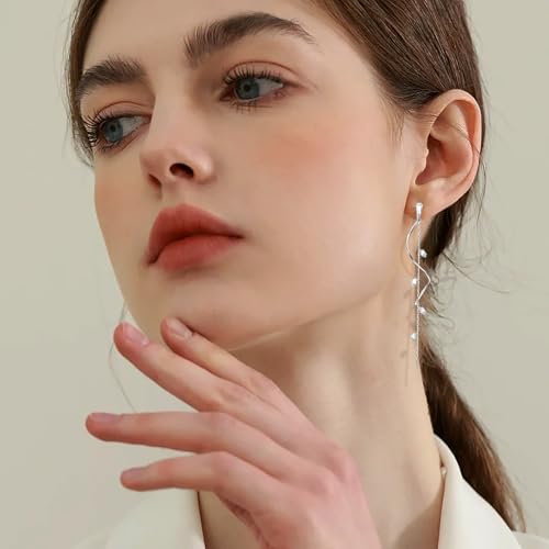 Gold/Silver Clip on Earrings Non Pierced for Women - 14K Gold Plated Long Tasse Drop Dangle Clip Earrings - Cubic Zirconia Leaf Earrings for Women Gold Wedding Jewelry Gifts - color: Silver