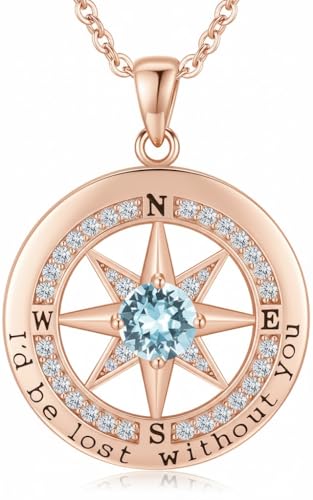 Compass Necklace for Women Wife Girlfriend Mom Daughter Gifts | S925 Silver Jewelry For Anniversary 18K Rose Gold Gifts For Birthday Christmas Mothers Valentines Day 12 Birthstones - style: 03-March-Rose Gold