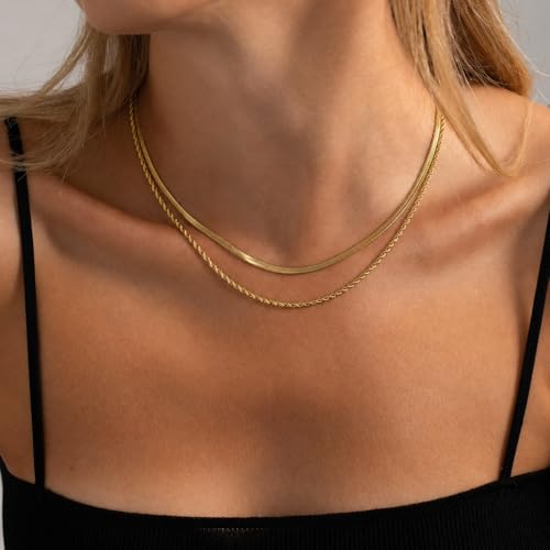 Freekiss Layered Necklace Set for Women Stackable | Herringbone Snake Cuban Rope Chain, Dainty Choker, Layered Stackable, Non Tarnish, Hypoallergenic, Adjustable 14-18.5" - color: Gold, style: Layer 3mm Snake+Rope Chain