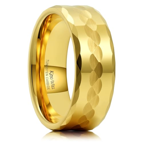 King Will Hammered 8mm Silver Tungsten Ring Hammer Men Wedding Band Comfort Fit - color: Multi-Faceted Gold