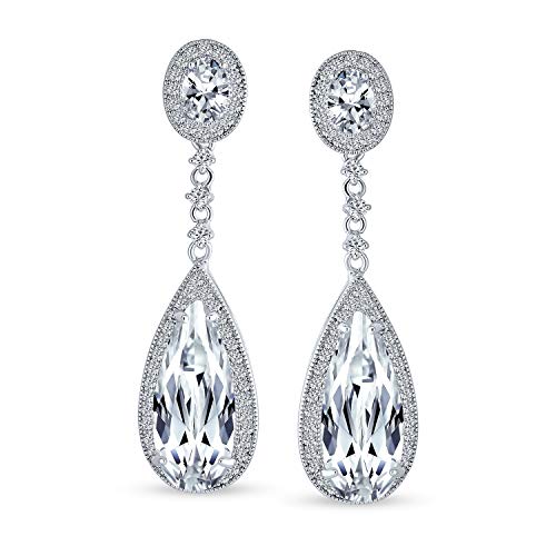 Long Cocktail CZ Halo Teardrop Chandelier Clip On Earrings Silver Plated - color: Clear Apr