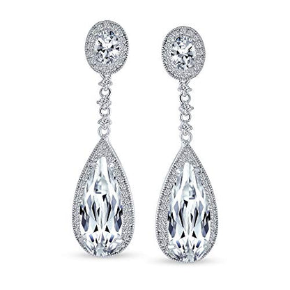 Long Cocktail CZ Halo Teardrop Chandelier Clip On Earrings Silver Plated - color: Clear Apr