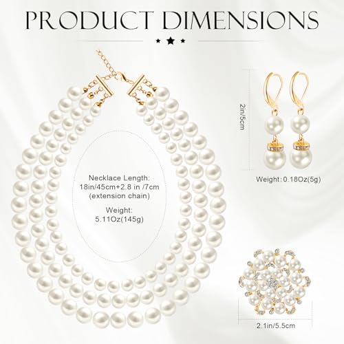 Pearl Jewelry Set for Women Faux Pearl Costume Jewelry Set with Necklace, Bracelets, Ring, Earrings for Wedding Bridal Birthday Tea Party - color: 3Pcs White