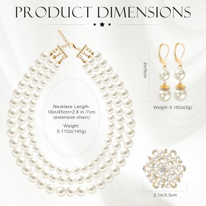 Pearl Jewelry Set for Women Faux Pearl Costume Jewelry Set with Necklace, Bracelets, Ring, Earrings for Wedding Bridal Birthday Tea Party - color: 3Pcs White