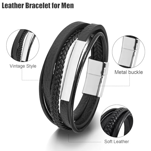 Leather Bracelet for Men Braided Stainless Steel Mens Bracelets - color: Silver