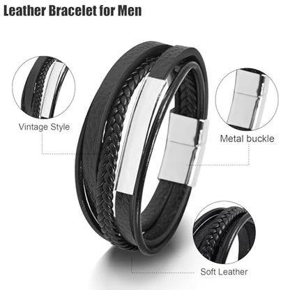 Leather Bracelet for Men Braided Stainless Steel Mens Bracelets - color: Silver