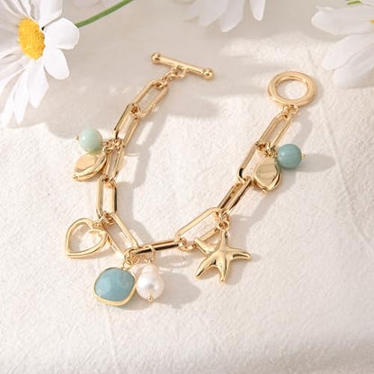 14K Gold & Silver Plated Lightweight Link Bracelet for Women | Stackable Bracelets ,14K Gold Plated Bracelets with CZ,Lightweight Trendy Chain Bracelet Jewelry Gift - style: amazonite