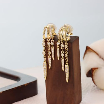 Clip On Earrings for Women Chain Moon Star Cross Hoop Dangle Earring No-Pierced Gold Silver - color: Long,Gold tone