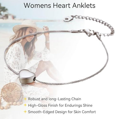 ChainsHouse Ankle Bracelets for Women, Stainless Steel Beaded Chain Ankle Bracelet, Womens Heart Anklets for Summer Beach Jewelry Gifts - color: S: heart-stainless