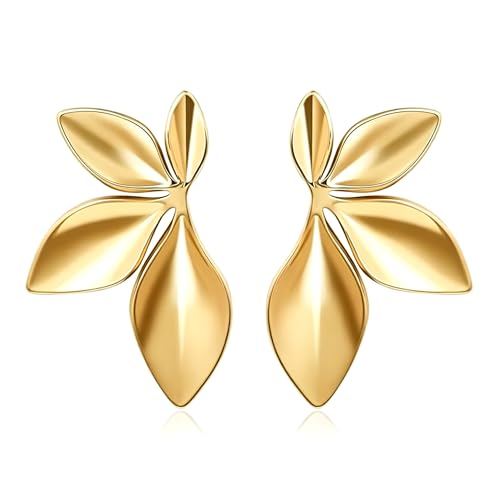 Gold Statement Earrings For Women, 14K Gold Plated Textured Geometric Drop Earrings - Hypoallergenic Stainless Steel Statement Earrings for Women, Waterproof Fan-Shaped Dangle Earrings for Beach & Daily Wear - color: Leaf DKE252061GL