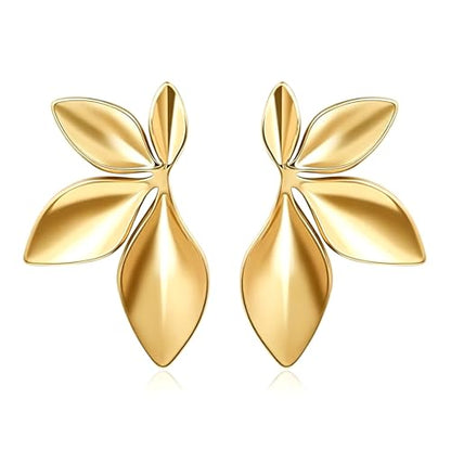 Gold Statement Earrings For Women, 14K Gold Plated Textured Geometric Drop Earrings - Hypoallergenic Stainless Steel Statement Earrings for Women, Waterproof Fan-Shaped Dangle Earrings for Beach & Daily Wear - color: Leaf DKE252061GL