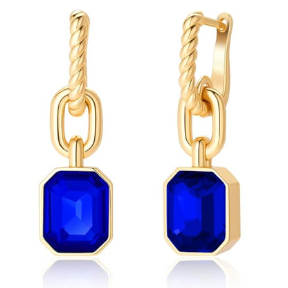 Birthstone Crystal Dangle Drop Earrings, 18K Gold Plated Huggie HoopEarring | Hypoallergenic Earring Jewelry Gifts for Women, Birthdays, anniversaries, weddings - color: Royal Blue-1