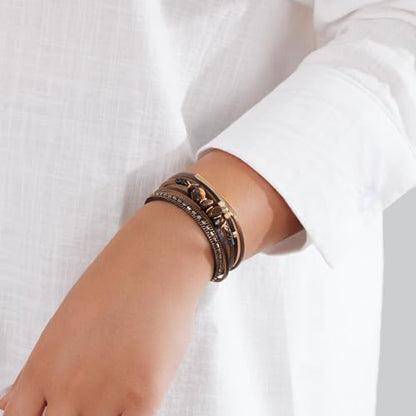 Boho Gemstone Beaded Leather Wrap Bracelets Stackable Chunky Cuff Bracelet Western Jewelry Cowboy Chic Country Concert Outfits for Women - color: Brown