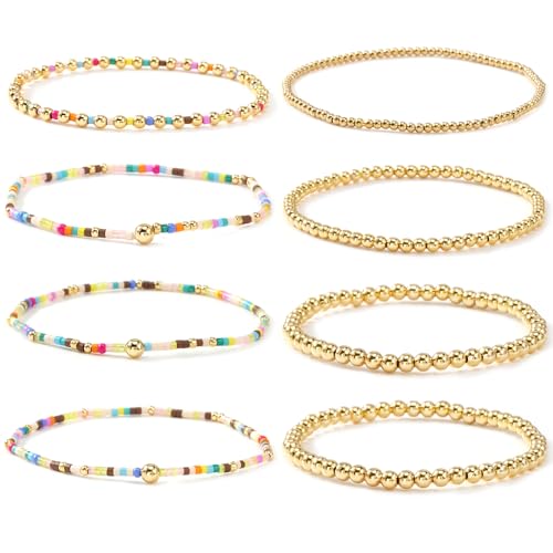 Colorful Stackable Rice Small Mini Seed Beaded Bracelets Set For Women, Handmade Dainty Boho Gold Glass Stretch Accessories Jewelry,Summer Beach Party Daily Friendship Gift - color: Gold175