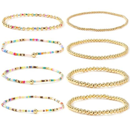 Colorful Stackable Rice Small Mini Seed Beaded Bracelets Set For Women, Handmade Dainty Boho Gold Glass Stretch Accessories Jewelry,Summer Beach Party Daily Friendship Gift - color: Gold175