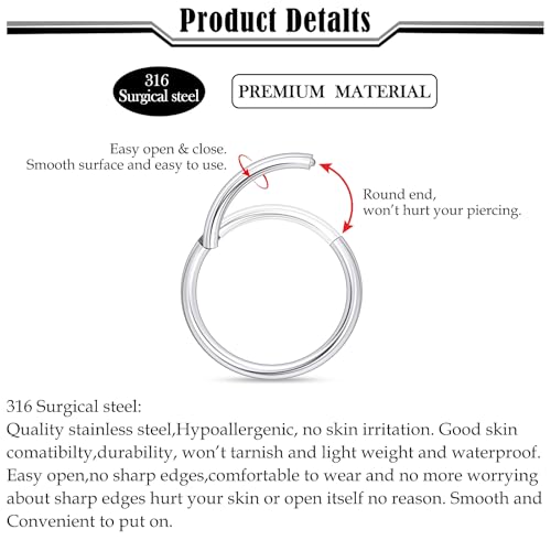 Septum Rings 16G 14G 12G 10G 8G 6G 4G 2G Surgical Steel Septum Stretching Kit Septum Pincher Tapers Gauge Kit Nose Ring Hoop Horseshoe Helix Tragus Daith Rook Piercing Jewelry for Women Men - style: 14G(1.6mm)-Inner Dia:10mm