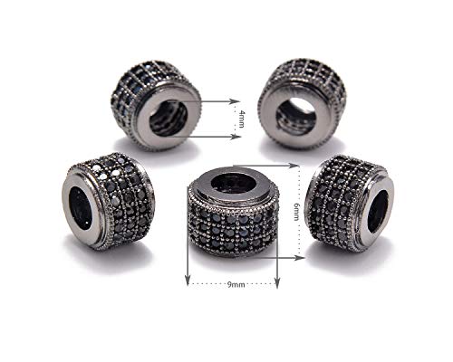 AD Beads Zircon Pave Rhinestones Big Hole Rondelle Spacer Beads 6x7mm 5Pcs Black on Gunmetal - color: 5 Pcs Black on Gunmetal 3 Row Rondelle (6x7mm)