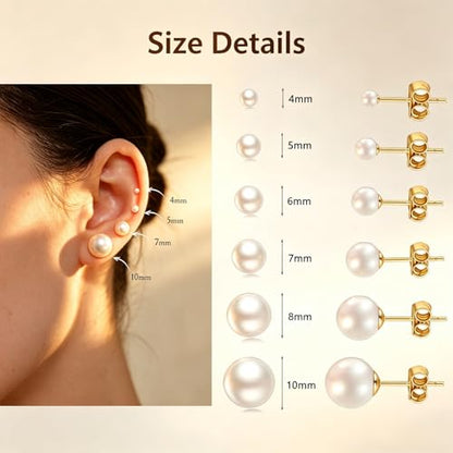 12 Pairs Pearl Stud Earrings for Women | White Pearl CZ Ball Hypoallergenic Earrings, Bridal Simulated Pearl Rhinestone Pearls Stud Earrings Jewelry Set for Wedding - color: Gold