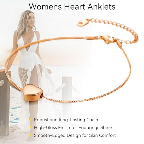 ChainsHouse Ankle Bracelets for Women, Stainless Steel Beaded Chain Ankle Bracelet, Womens Heart Anklets for Summer Beach Jewelry Gifts - color: Q: heart-rose gold