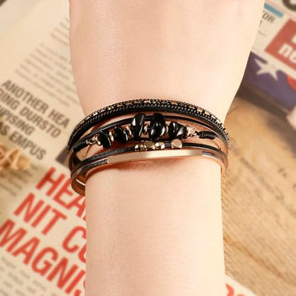 Fesciory Leather Wrap Bracelets for Women, Boho Western Layered Jewelry | Layered leather cuff bracelets, Easy on and off, Boho western style, Daily wear, Gift for women - color: Black 7