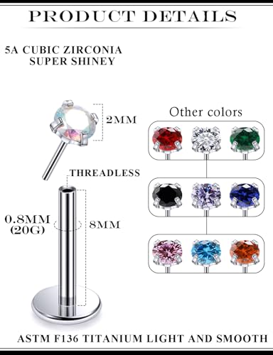 20G 18G 16G Astm F136 Titanium Threadless Flat Back Earrings Nose Studs Tragus Helix Conch Cartilage Lobe Earrings Medusa Labret Snake Bite Monroe Lip Ring Piercing Jewelry For Women Men - size: 20G-8MM Bar-CZ 2MM