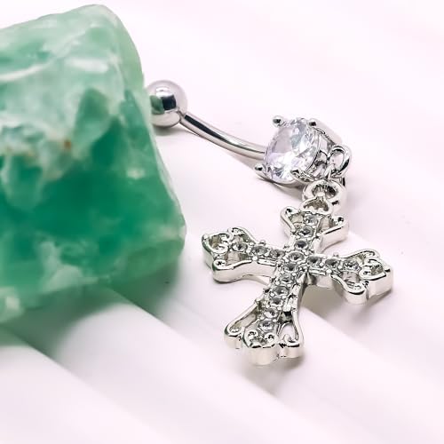 VERAMI 14G 316L Celtic Cross Belly Button Ring Surgical Steel Paved Gems Dangling Belly Button Ring Body Piercing Jewelry - color: Silver:C-6