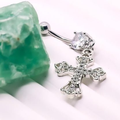 VERAMI 14G 316L Celtic Cross Belly Button Ring Surgical Steel Paved Gems Dangling Belly Button Ring Body Piercing Jewelry - color: Silver:C-6