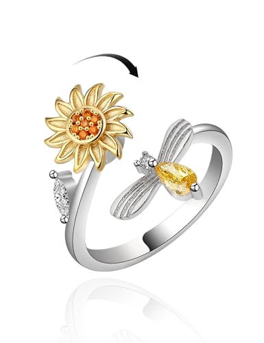 Anxiety Rings for Women – Adjustable Flower Spinner Ring, Daisy & Sunflower Fidget Ring, Gold Plated Calming Jewelry - style: Style 04