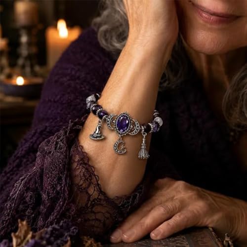 Witch's Crystal Moon Charm Bracelet, Purple Beaded Mystic Witch Jewelry, Mystic Crystal Moon Charm Bracelet, Magical Style - color: 1pcs