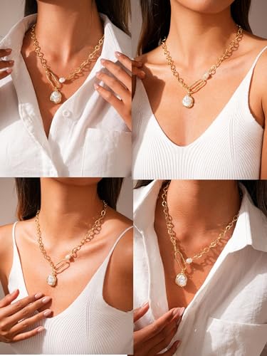 Gold and Pearl Necklace for Women 14K Gold Plated Trendy Baroque Pearl Pendant Drop Necklace Elegant Wedding Bridal Prom Jewelry Gift