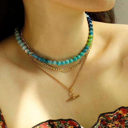 Joya Love Colorful Gemstone Beaded Necklaces For Women Trendy Rainbow Natural Stone Boho Handmade Stainless Steel Waterproof Strand Necklaces Jewelry For Women Gift - color: Blue