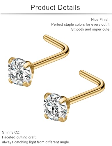 Cisyozi 18G Nose Rings Studs Hypoallergenic Nose Piercings 316L Surgical Steel Silver Nose Rings Set L Shaped Nose Nostril Piercing Jewelry for Women Men Diamond CZ 1.5mm 2mm 2.5mm 3mm 3.5mm 4mm - color: 18G - Gold- CZ 3.5mm