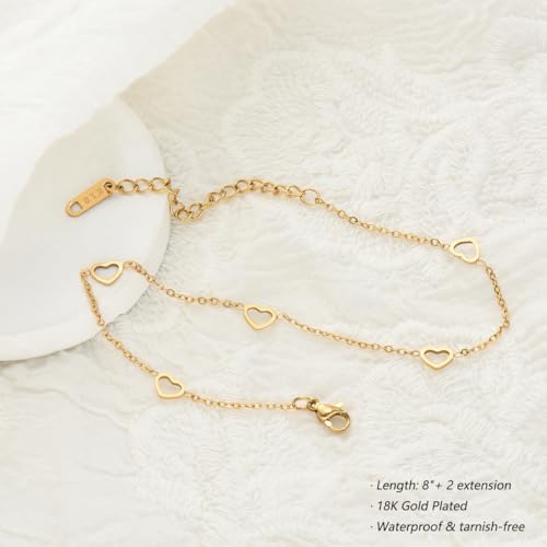 Ankle Bracelets for Women 14K Gold Sterling Silver Plated Anklets for Women Waterproof Dainty Anklets with Cubic Zirconia,Clover, Forever Love Knot, Chains Trendy Everyday Anklet Beach Summer Jewelry Gift - color: Hearts Chain-Gold