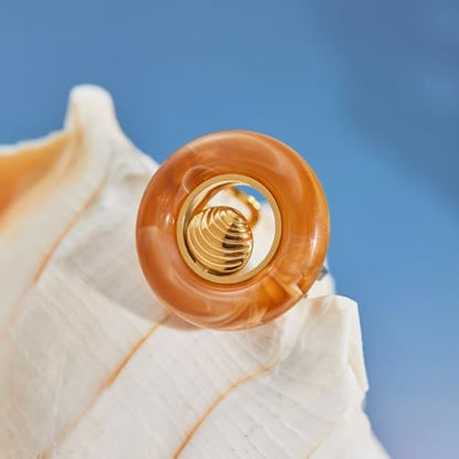Seashell Starfish Round Circle Open Statement Ring for Women Stainless Steel Sea Star Spiral Conch Scallop Adjustable Rings Boho Resin Geometric Summer Ocean Beach Band Comfort Fit Fashion Jewelry - color: Brown