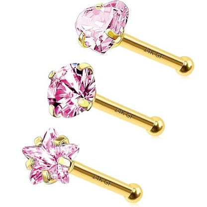 3 Pcs 14K Gold Filled Nose Studs 20G Stainless Steel Stud Nose Ring 2mm/2.5mm/3mm Round CZ L Bend Nose Stud Hypoallergenic Nose Piercing - color: pink I