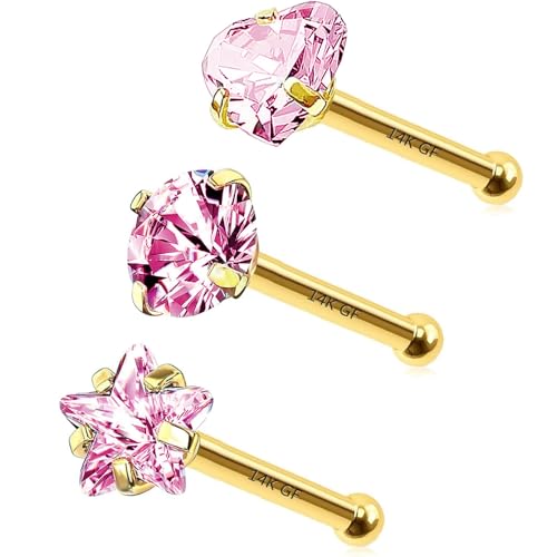 3 Pcs 14K Gold Filled Nose Studs 20G Stainless Steel Stud Nose Ring 2mm/2.5mm/3mm Round CZ L Bend Nose Stud Hypoallergenic Nose Piercing - color: pink I