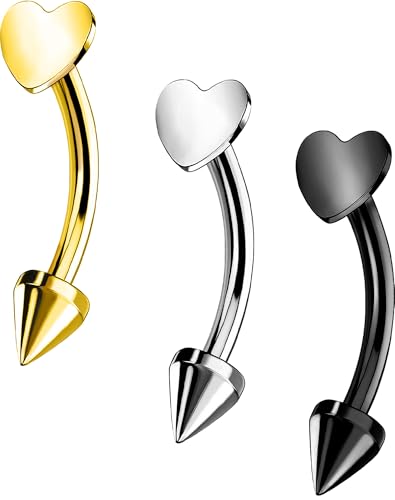 OUFER Rook Piercing Jewelry, G23 Solid Titanium Eyebrow Rings, Heart Vertical Labret Lip Jewelry, 16G Curved Barbells, Daith Rook Earrings for Women Men - color: Gold Black Silver Heart, size: 16G 8mm