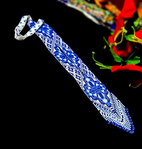 Long Beaded Necklace – Boho Native Handmade Seed Bead Tassel Necklace, Bohemian Large Statement Beaded Necklace for Women - color: Royal Blue White