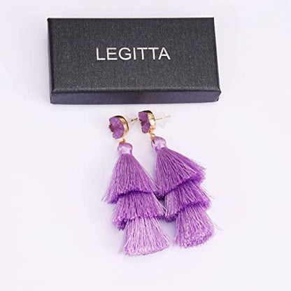 Bohemian Tiered Tassel Earrings with Druzy Stud for Women | Long Layered Fringe Drop Earrings, Statement Jewelry for Party Beach Festival - color: Purple