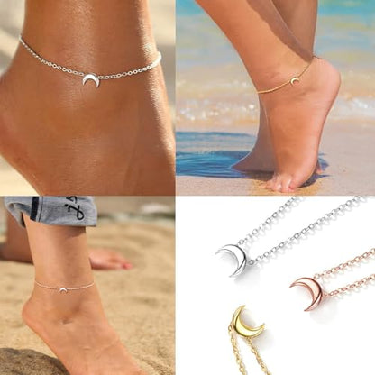 ChicSilver Personalized 925 Sterling Silver Tiny Heart/Moon/Star/Sun/Dot/Triangle Anklets Simple Dainty Foot Jewelry for Women, Silver/Gold Plated/Rose Gold Plated - style: Silver Moon Custom