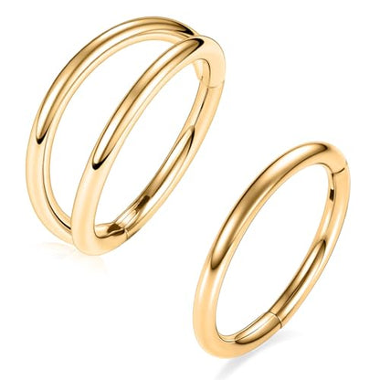GAGABODY Surgical Steel 2pcs Double Hoop Hypoallergenic Nose Ring Unisex | Seamless Clasp,Used in Nostril,Septum,Lip and All Ear Piercings.22 Gauge to 14 Gauge,a Secure Fit Inner Diameter 6mm to 12mm - color: Gold-Single&Double Hoop, size: 14G-1/2"(12mm)