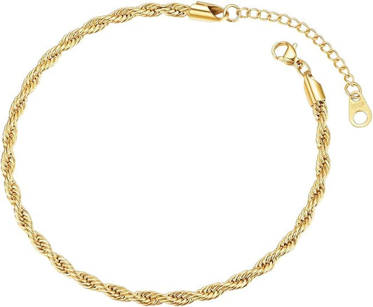FOCALOOK 14K Gold Plated Anklets for Women Waterproof Plus Size Ankle Bracelet 8.5-10.5 Inch Adjustable Mariner/Figaro/Flat Snake/Cuban Link Chain Anklet Jewelry for Summer Beach Holiday - color: E:3mm Twist Rope-Gold