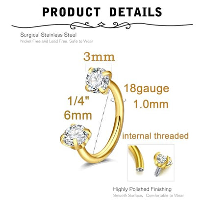 6mm 7mm 8mm 20g Horseshoe Nose Ring Hoop 18 gauge Double Gem Horse Shoe Nose Rings for Women Surgical Steel Half Hoop U Shape Small Silver Gold Tragus Earring Helix Piercing Jewelry Septum Ring - color: C1- 18G 6mm -2pcs gold