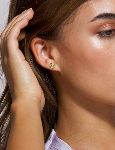 Dainty Birthstone Earrings for Women Sterling Silver Small Stud Earrings with Halo Cushion/Round Created Gemstone Earrings Birthstone Jewelry - style: B 11. Nov./created citrine-round cut