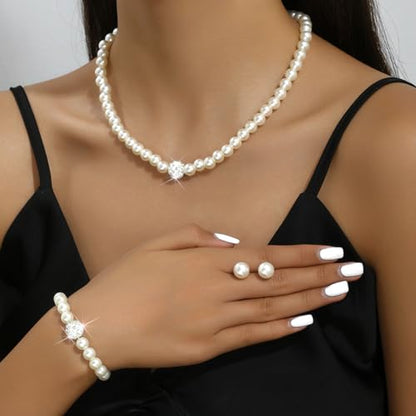 CSIYANJRY99 Pearl Necklace and Earring Set Faux Pearl Jewelry Sets for Women Imitation Beaded Pearl Necklace Bracelet Stud Earrings for Women - color: C